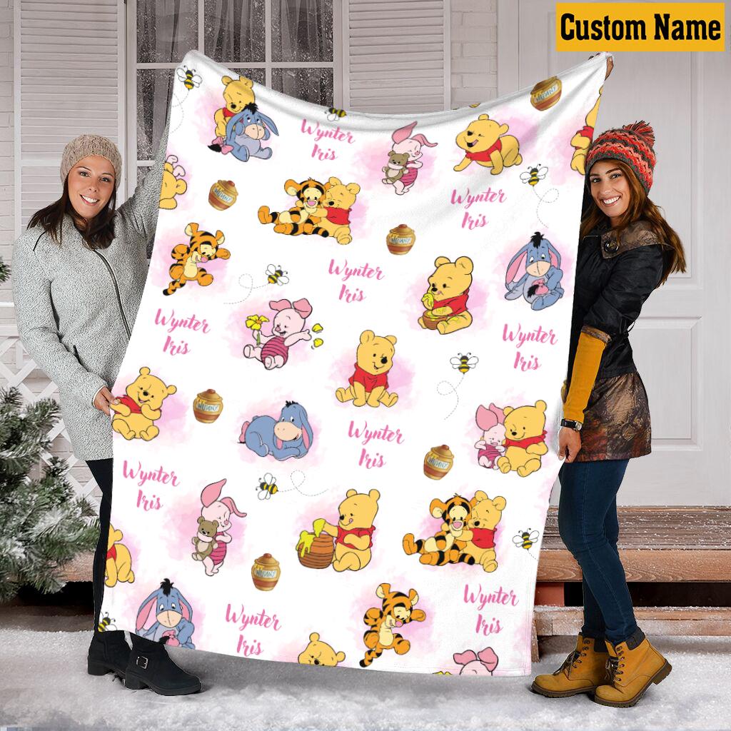 Personalized Winnie the Pooh Baby Blanket, Custom Name Eeyore, Piglet, Tigger , Vintage Pooh and Friends Fleece Blanket, Birthday boy Girl