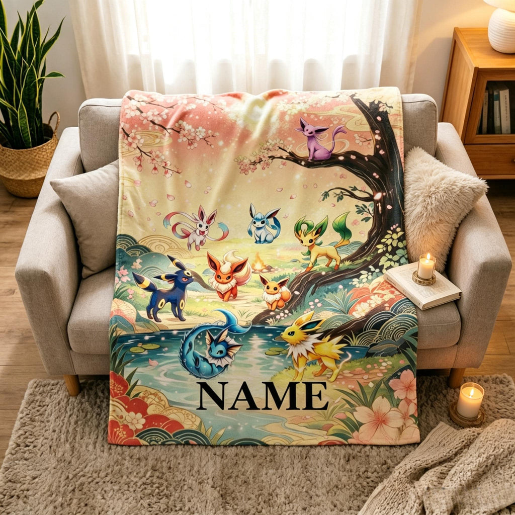 Personalized Eevee Evolutions Blanket Soft Throw, Custom Name Pokemon Fan Birthday Gift