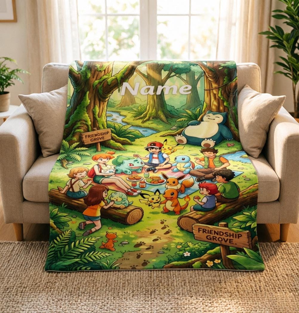 Pokemon Personalized Soft Throw Blanket, Pikachu & Friends Quilt, Kids Bedding, Gamer Gift