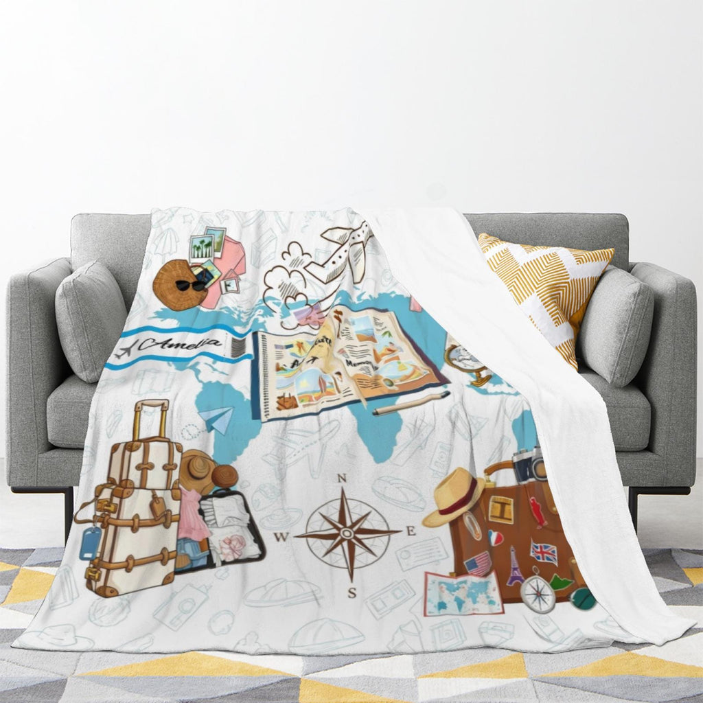 Personalized Travel Blanket Custom Name - Wanderlust World Map Throw Blanket, Adventure Vacation Gift for Traveler, Soft Fleece Cozy Snuggle