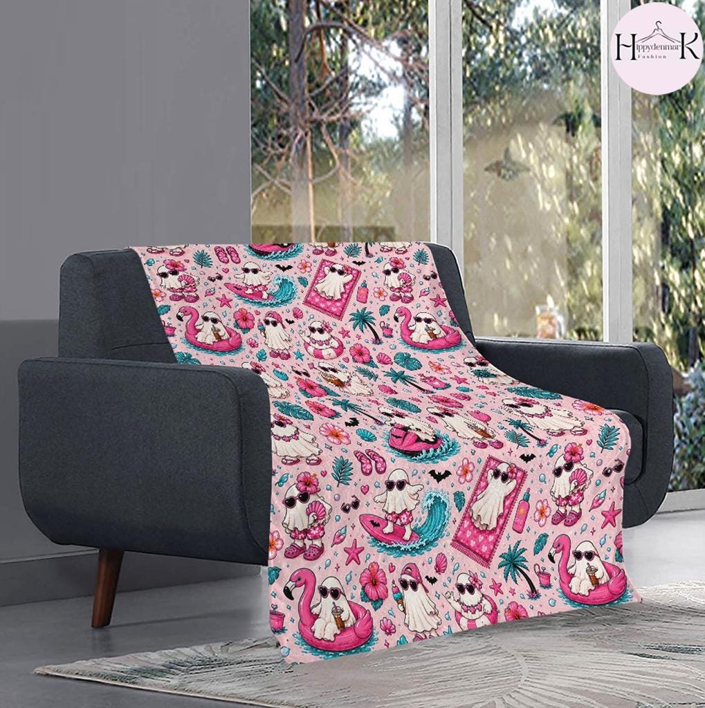 Summerween Ghost Blanket, Cute Ghost Beach Throw Blanket, Spooky Summer Halloween Blanket, Pink Tropical Vacation Blanket, Halloween Gift