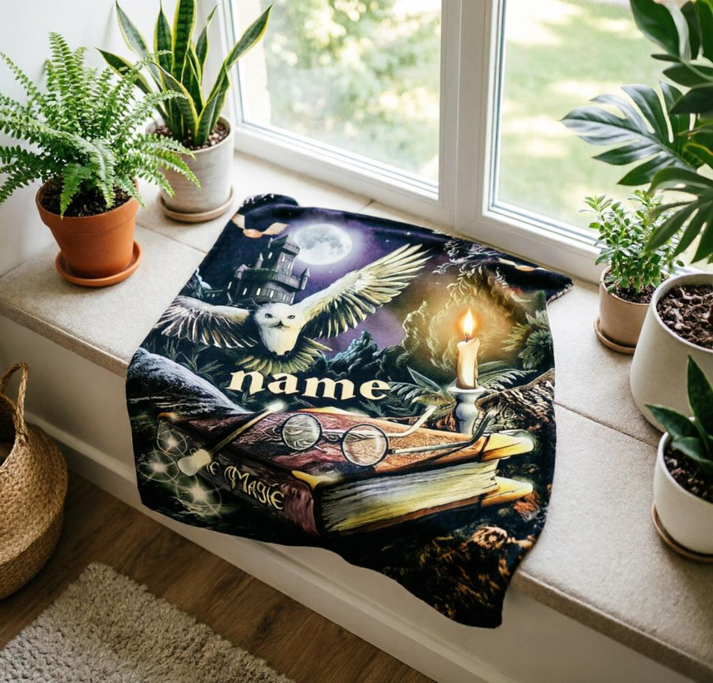 Personalized Magic Wizard Blanket, Starry Night Castle Throw, Fantasy Gift
