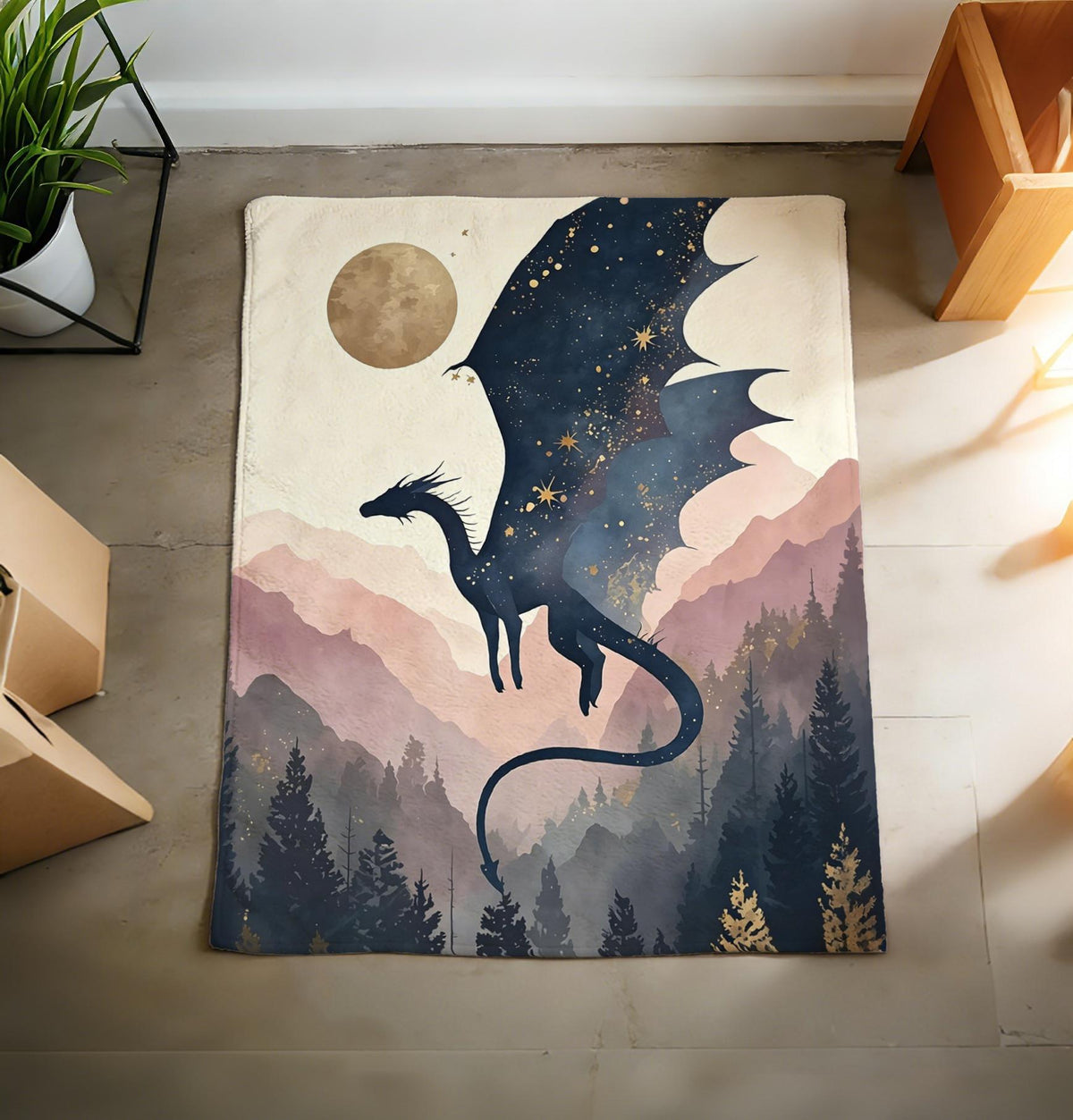 Watercolor Dragon Moon Blanket Soft Throw, Magical Forest Night Throw Gift