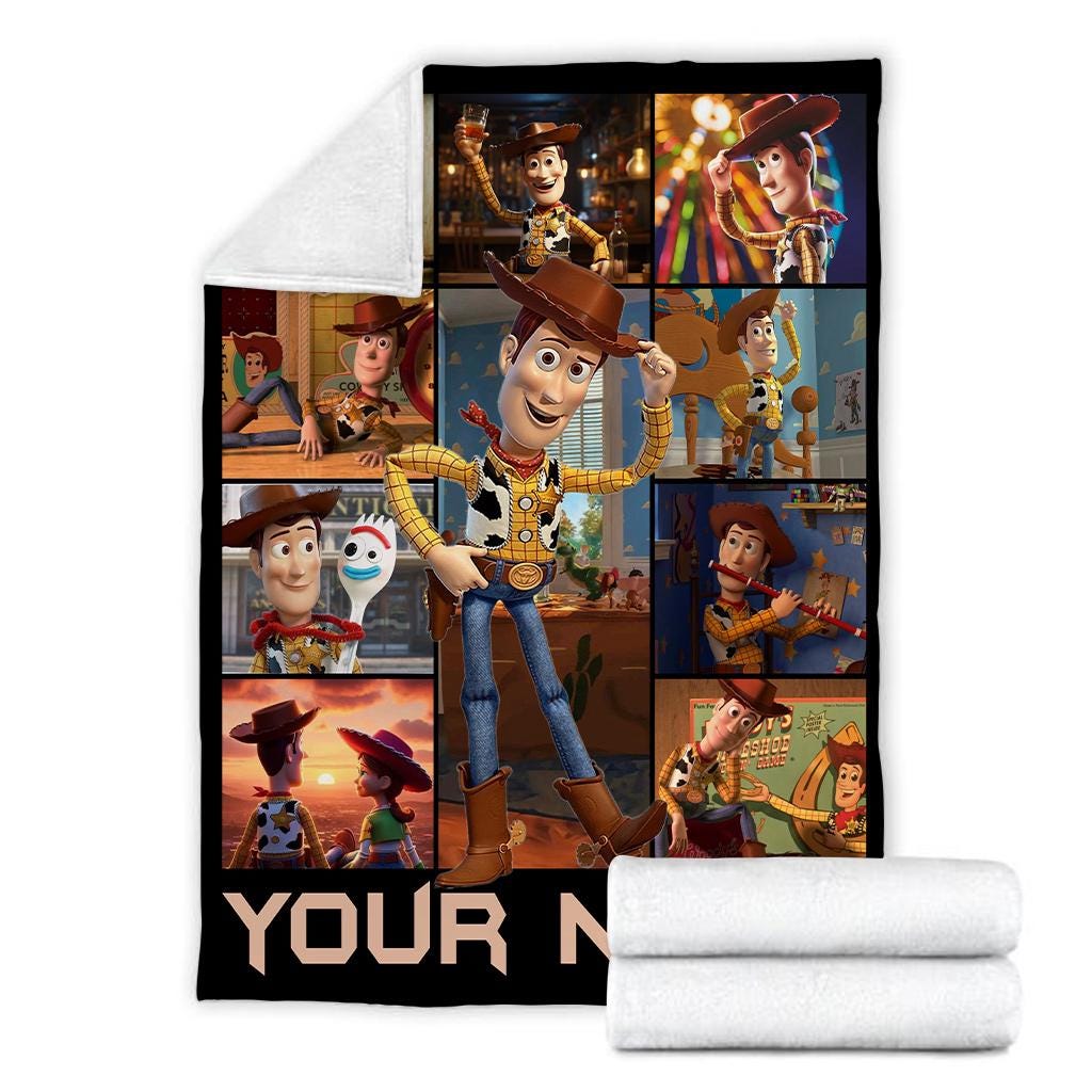 Personalized Cowboy Woody Toy Story Blanket with Name, Custom Buzz Lightyear Blankets for Kids Baby Boy Girl, Cute Toddler Birthday Gift