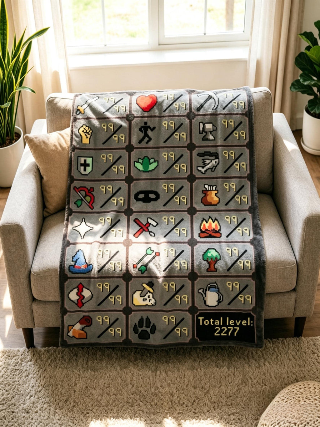Old School RuneScape Skill Grid Blanket Soft Throw, Maxed Account OSRS Fan Keepsake Gift