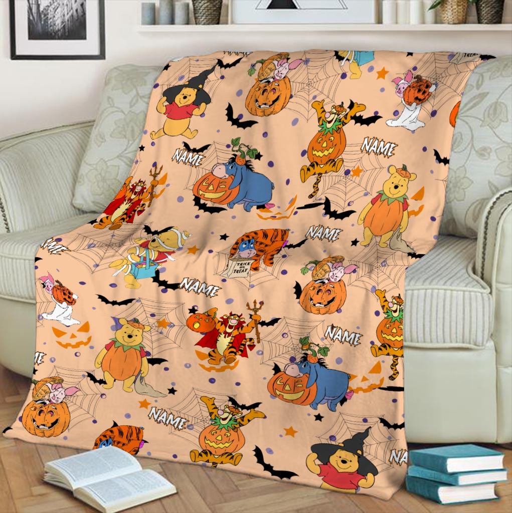 Personalized Winnie The Pooh Halloween Blanket, Pooh and Friends Halloween Fleece Blanket, Toddler Birthday Gift, Fall Tigger Piglet Pooh
