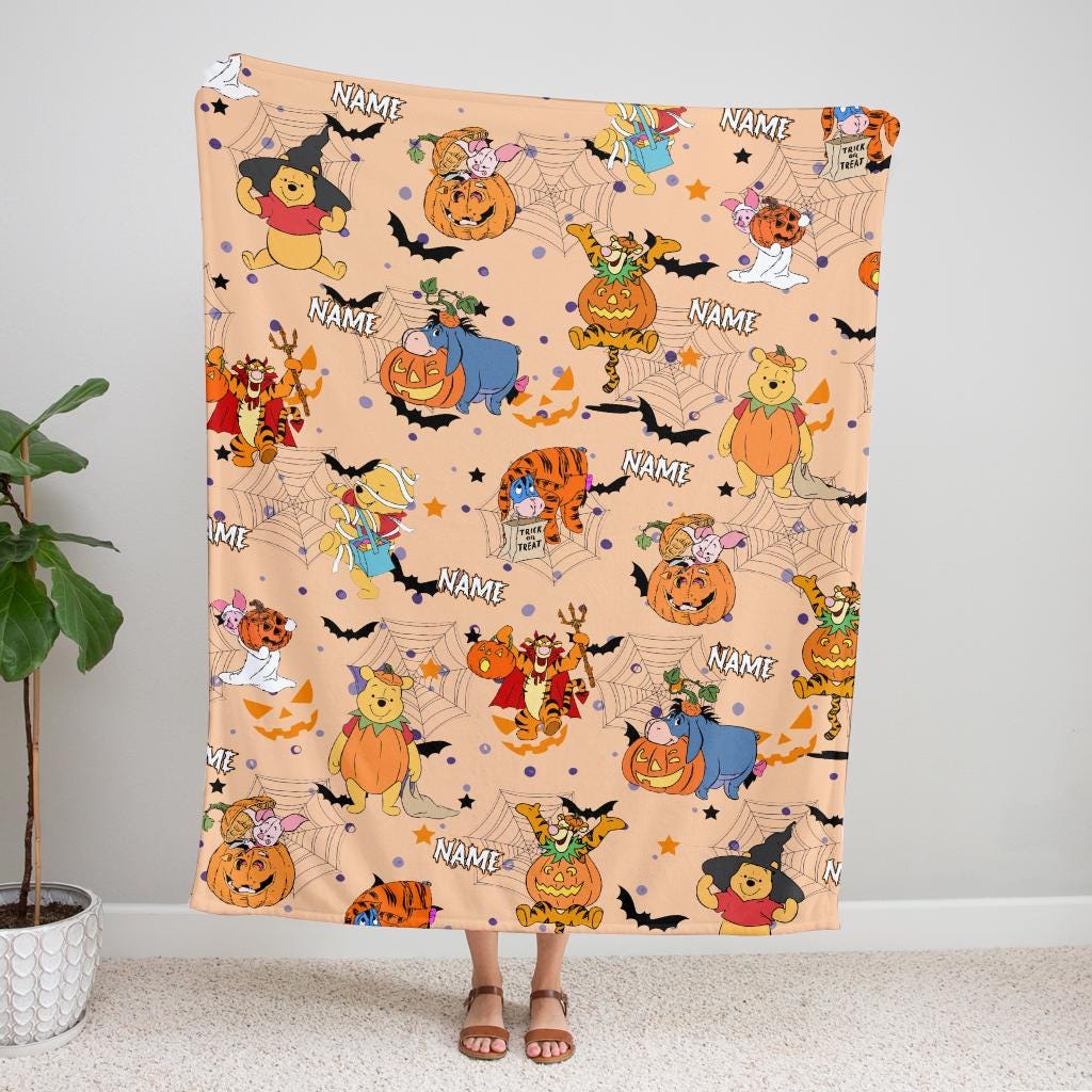 Personalized Winnie The Pooh Halloween Blanket, Pooh and Friends Halloween Fleece Blanket, Toddler Birthday Gift, Fall Tigger Piglet Pooh