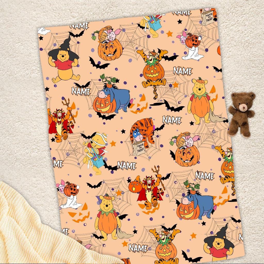 Personalized Winnie The Pooh Halloween Blanket, Pooh and Friends Halloween Fleece Blanket, Toddler Birthday Gift, Fall Tigger Piglet Pooh