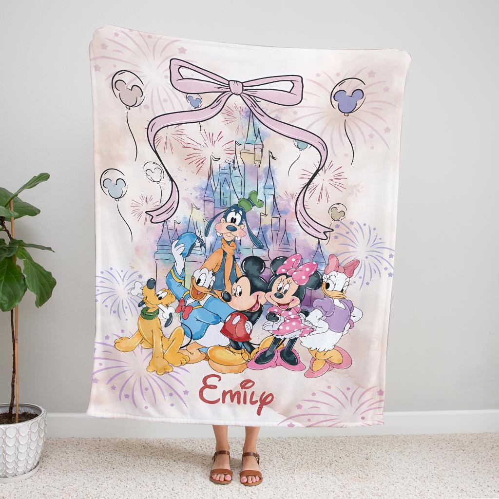 Personalized Disney Coquette Watercolor Blanket, Mickey and Friends Blanket, Magic Kingdom Blanket, Disney Birthday Girl, Disneyland Blanket