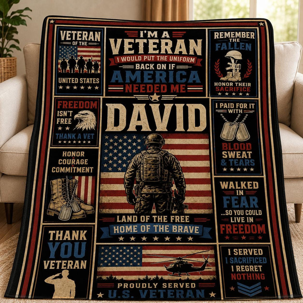 Veteran Blanket for Men, US Army Veteran Throw Blanket, Military Gift for Dad Grandpa Husband, Patriotic Fleece Blanket, Freedom Veteran