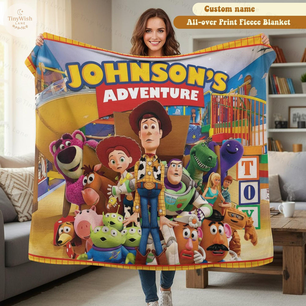 Custom Name Disney Toy Story Blanket, Woody Buzz Lightyear Jessie Blanket, Personalized Toy Story 5 Blanket, Toy Story 5 Gift for Boy, Girl