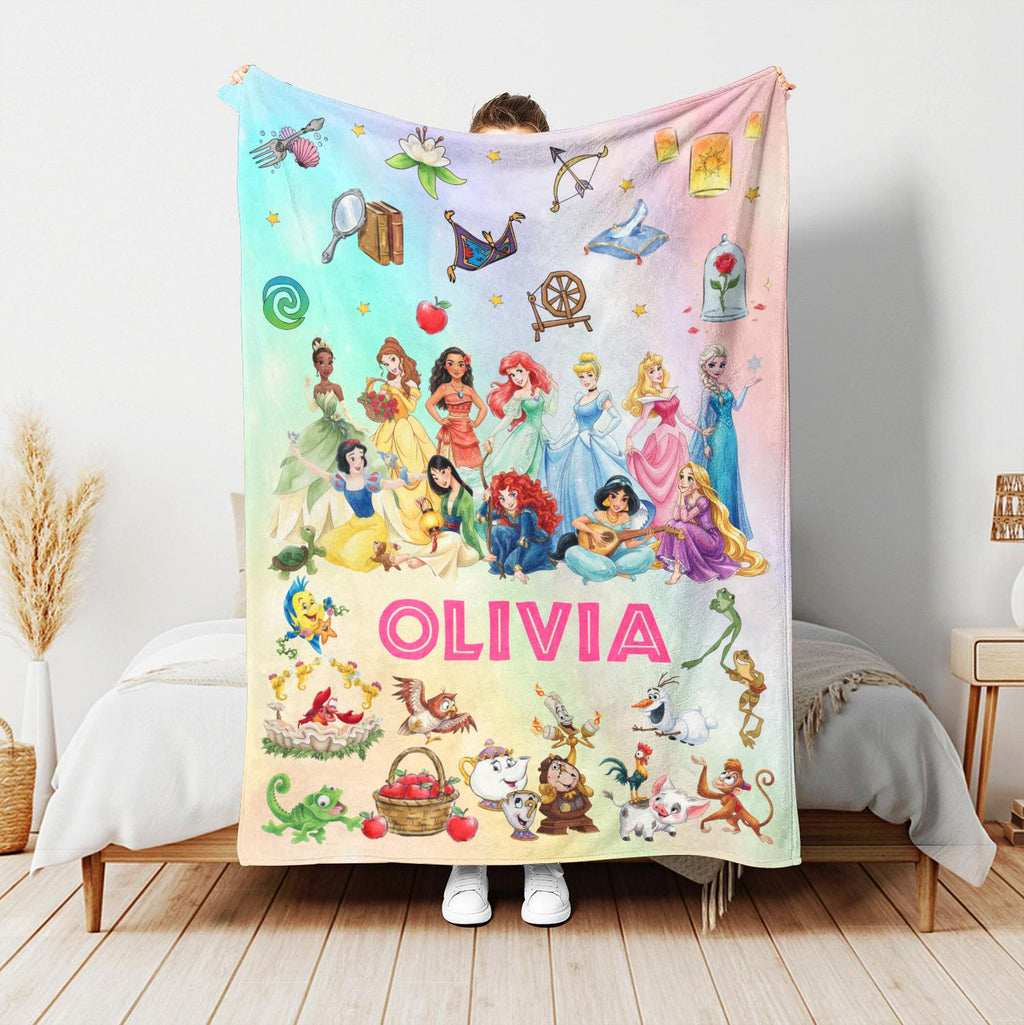 Personalized Disney Princess Blanket, Custom Name Princess Blanket for Girls, Kids Toddler Birthday Gift, Cute Girl Room Decor Blanket, WDW