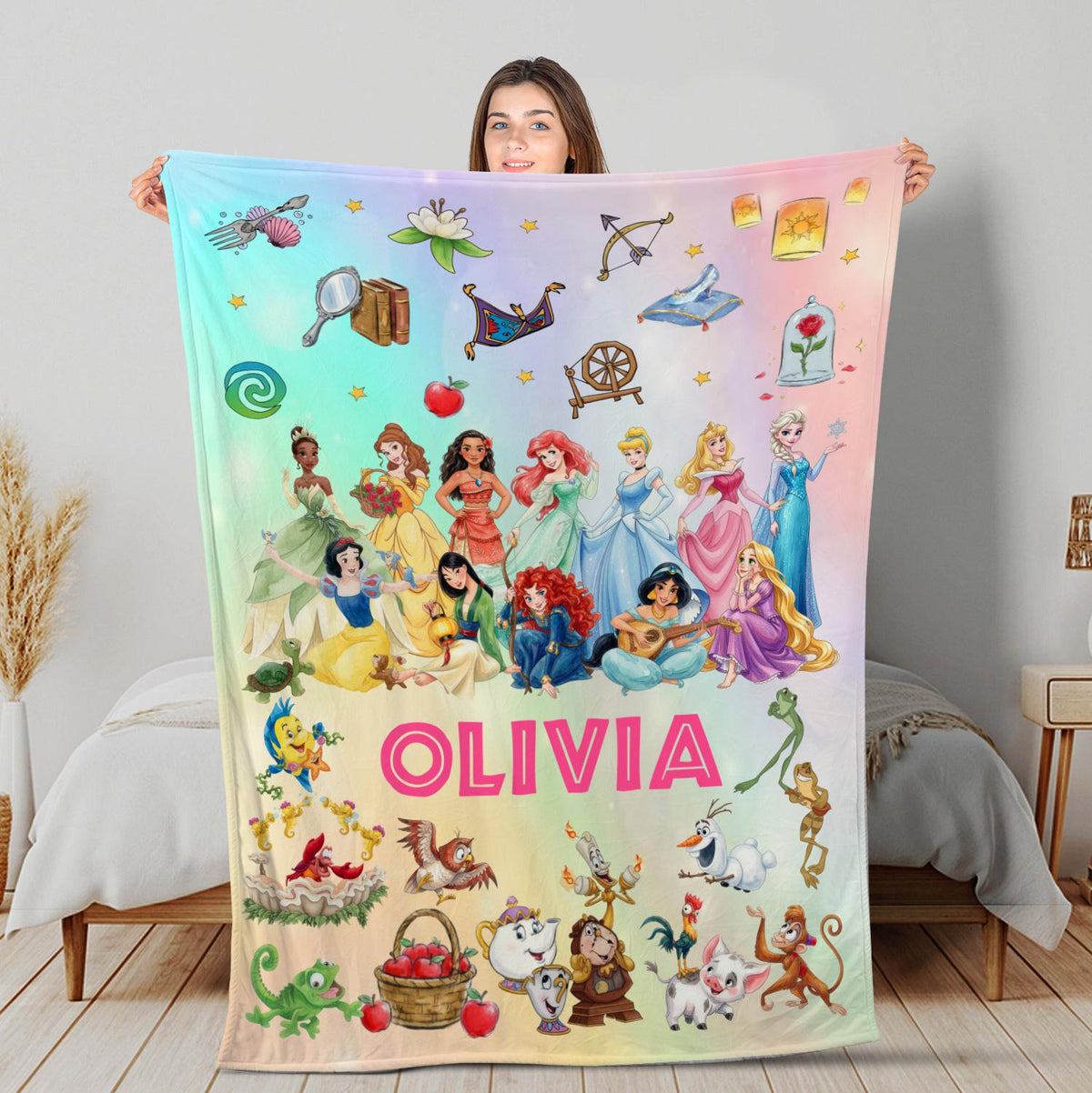 Personalized Disney Princess Blanket, Custom Name Princess Blanket for Girls, Kids Toddler Birthday Gift, Cute Girl Room Decor Blanket, WDW