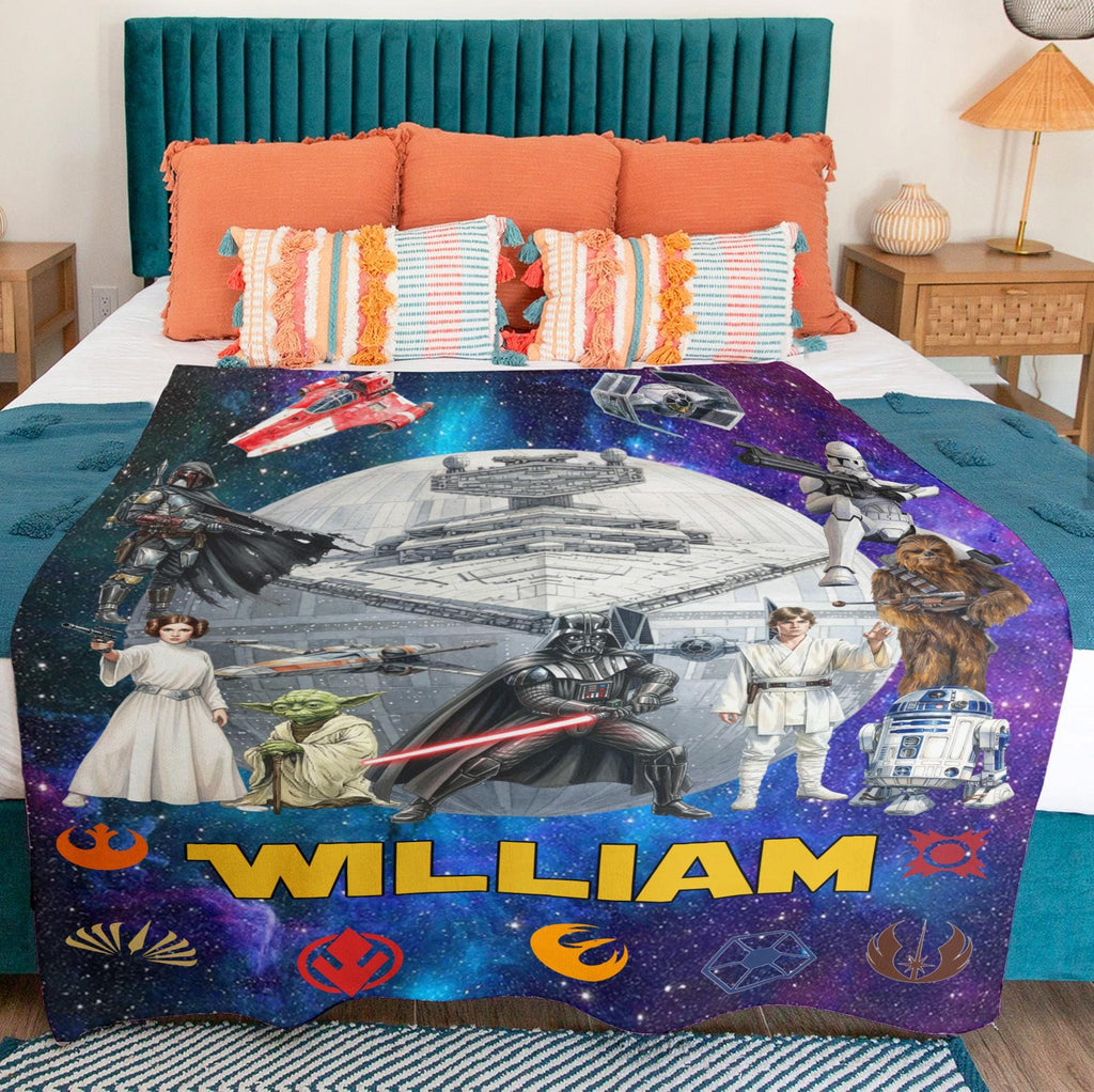 Personalized Star Wars Blanket, Custom Name Galaxy Throw Blanket,Birthday Gift for Boys Kids Movie Fan Gift Cute Yoda Darth Vader Room Decor