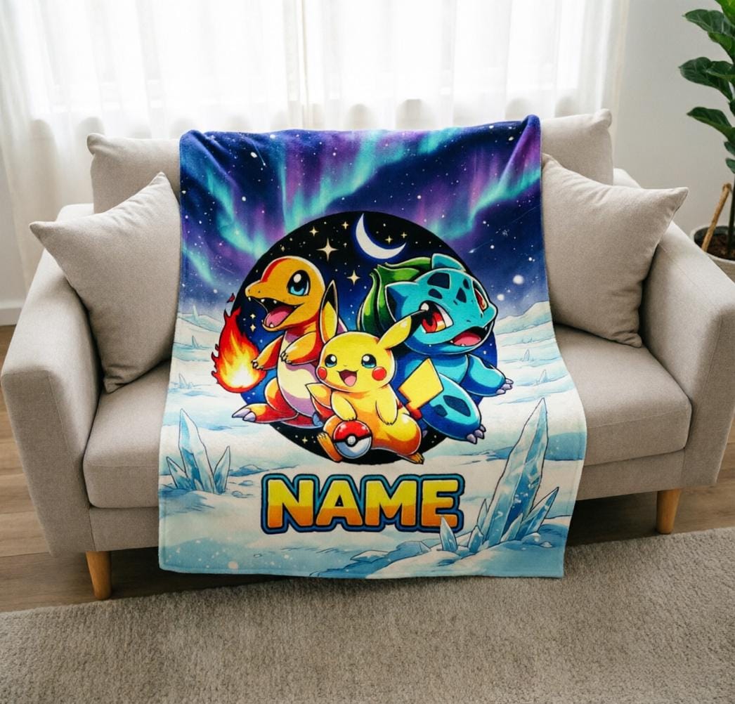 Custom Name Northern Lights Pokémon Blanket Soft Throw, Anime Throw, Toddler Keepsake Gift