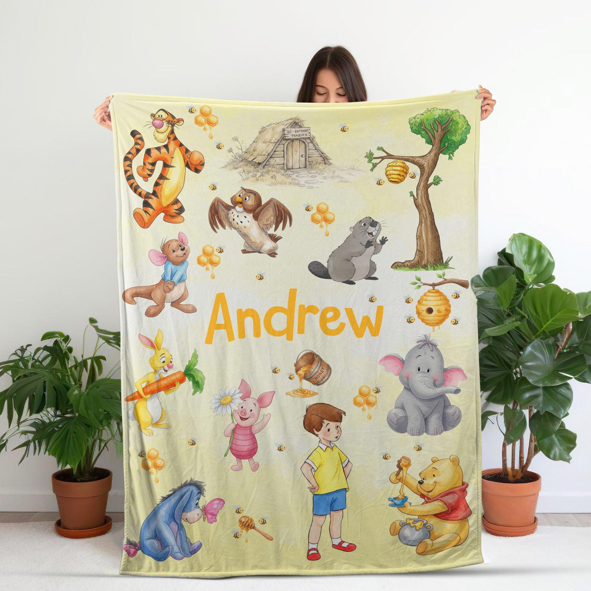 Custom Winnie the Pooh Blanket, Personalized Classic Pooh Nursery Blanket for Baby Boy Girl, Custom Christopher Robin Kids Gift, Pooh Bear