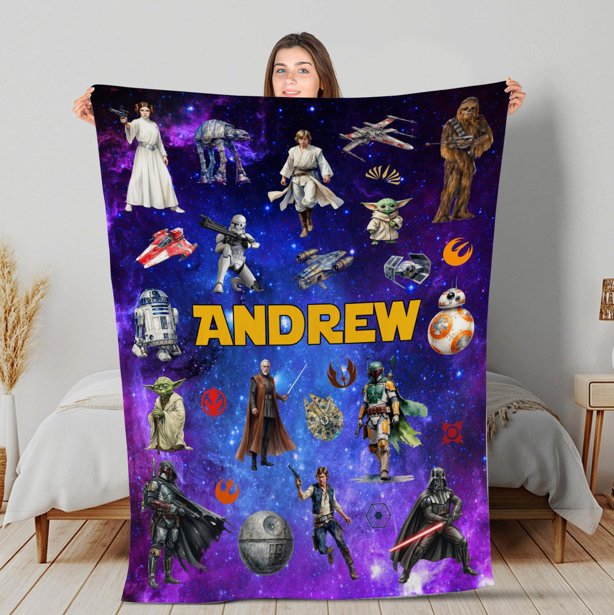 Personalized Star Wars Blanket, Custom Name Blanket Boys Birthday Gift,Custom Sci Fi Blanket For Kids Galaxy Fleece Blanket Force Movie Gift