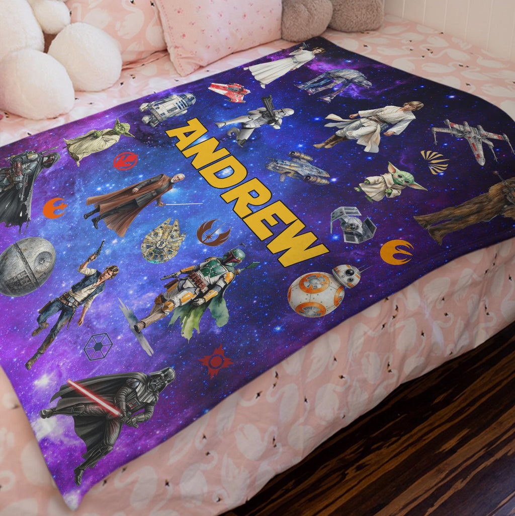 Personalized Star Wars Blanket, Custom Name Blanket Boys Birthday Gift,Custom Sci Fi Blanket For Kids Galaxy Fleece Blanket Force Movie Gift