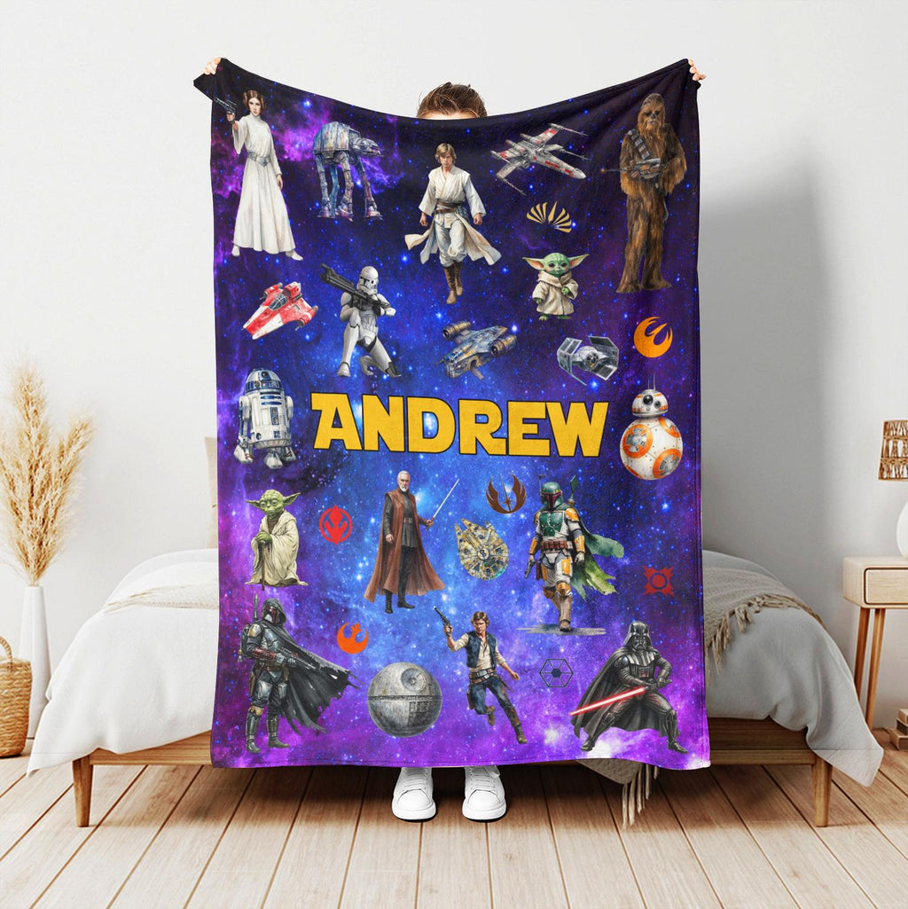 Personalized Star Wars Blanket, Custom Name Blanket Boys Birthday Gift,Custom Sci Fi Blanket For Kids Galaxy Fleece Blanket Force Movie Gift