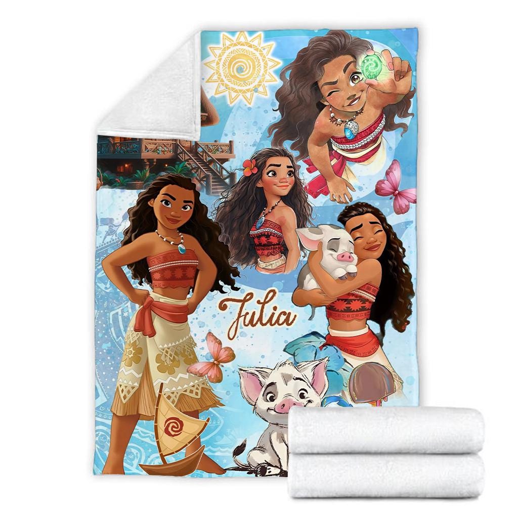 Personalized Moana Princess Blanket, Custom Name Princess With Pig Chicken Beach Blanket, Magic Kingdom Characters Blanket, Princess Blanket