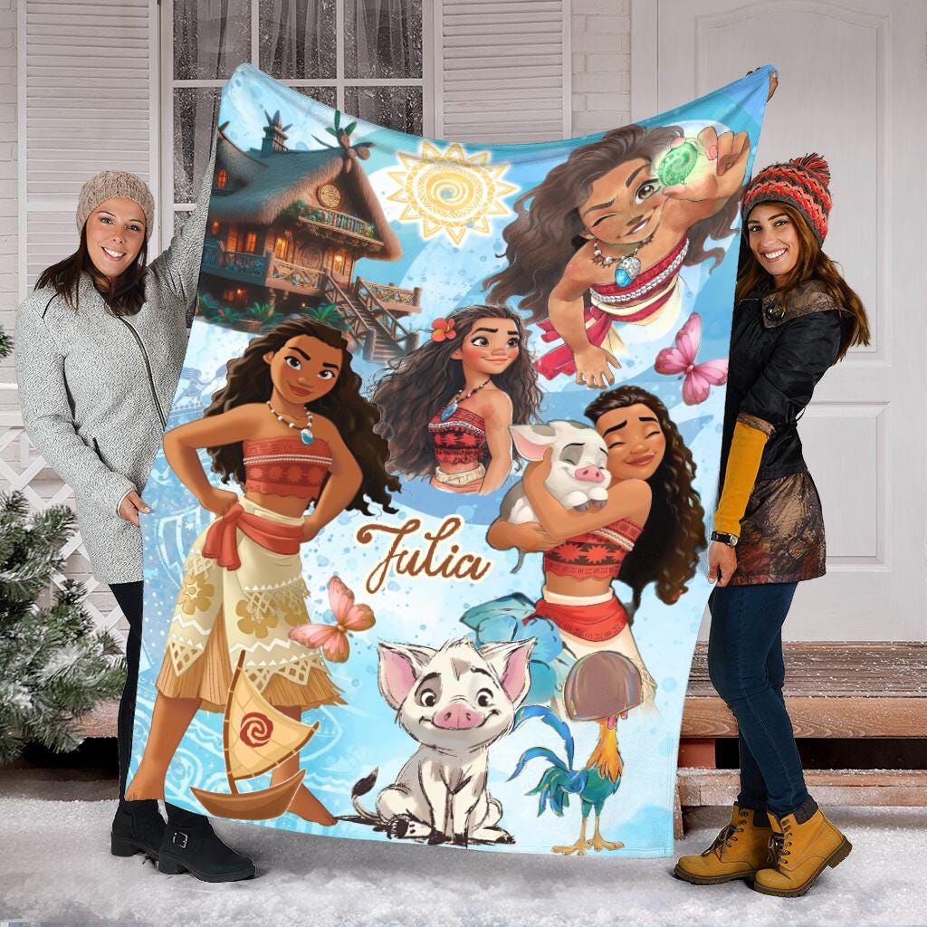 Personalized Moana Princess Blanket, Custom Name Princess With Pig Chicken Beach Blanket, Magic Kingdom Characters Blanket, Princess Blanket