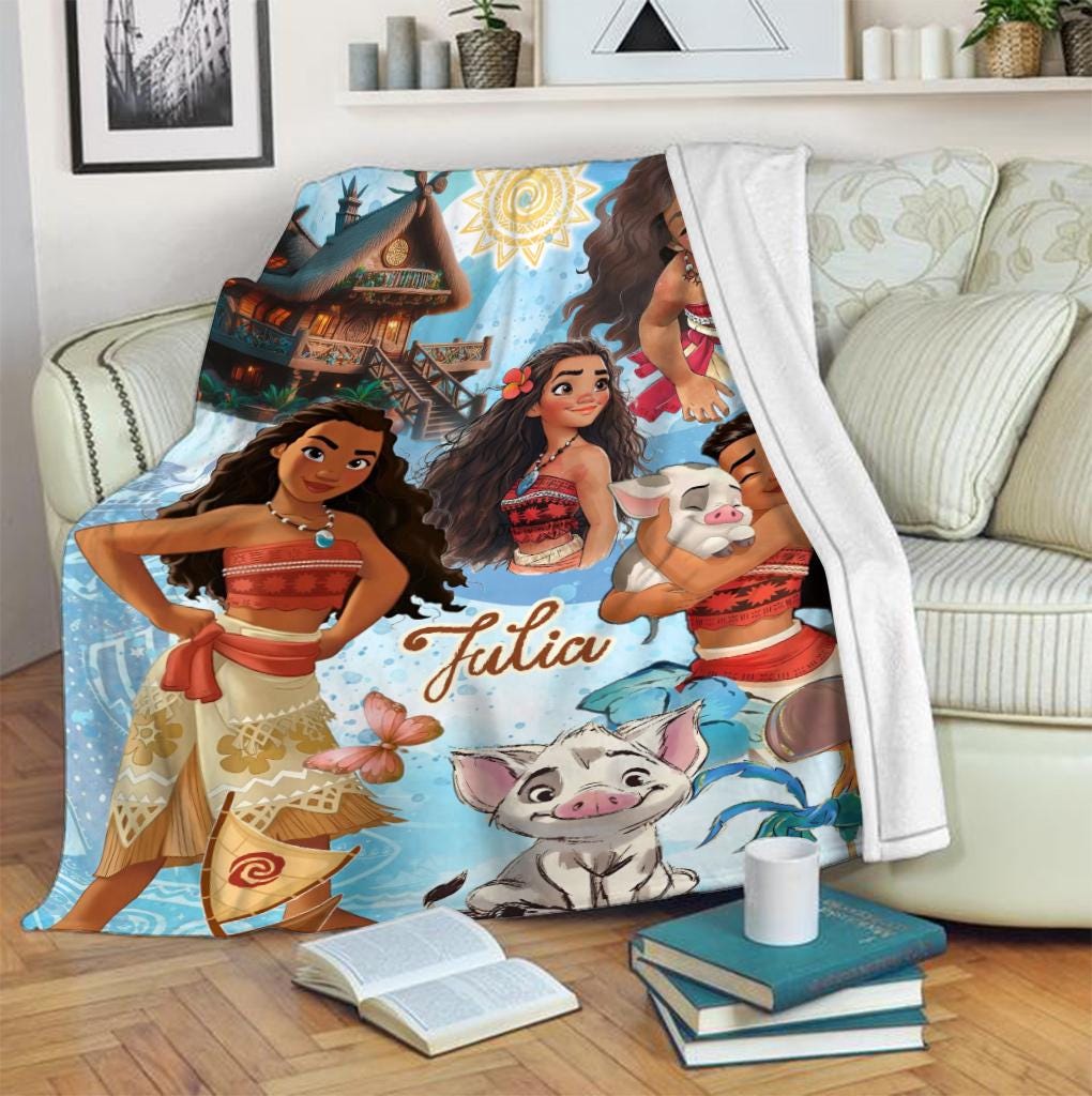 Personalized Moana Princess Blanket, Custom Name Princess With Pig Chicken Beach Blanket, Magic Kingdom Characters Blanket, Princess Blanket