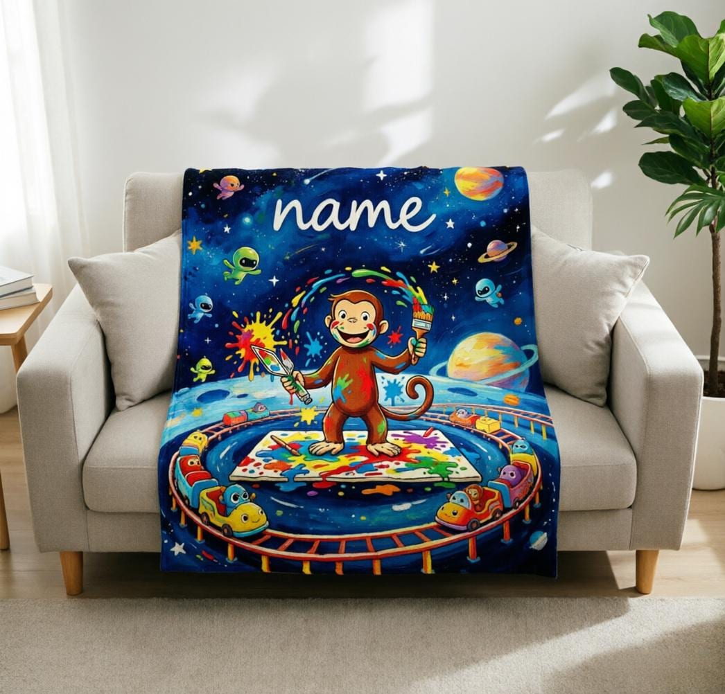 Personalized Curious George Blanket Soft Throw, Custom Name Throw, Kids Birthday Gift