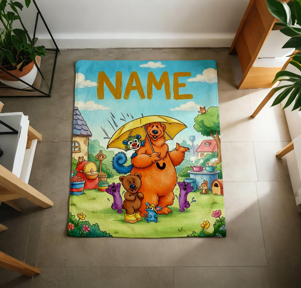 Personalized Bear Big Blue House Blanket, Soft Plush Throw, Custom Name Kids Gift