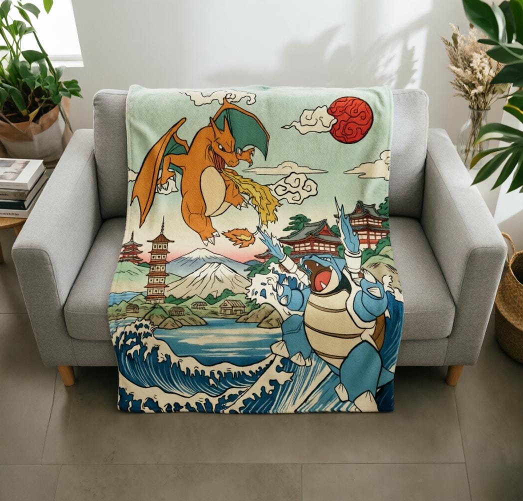 Ukiyo-e Charizard Blastoise Blanket Soft Throw, Pokemon Vintage Japanese Art Throw, Gamer Birthday Gift