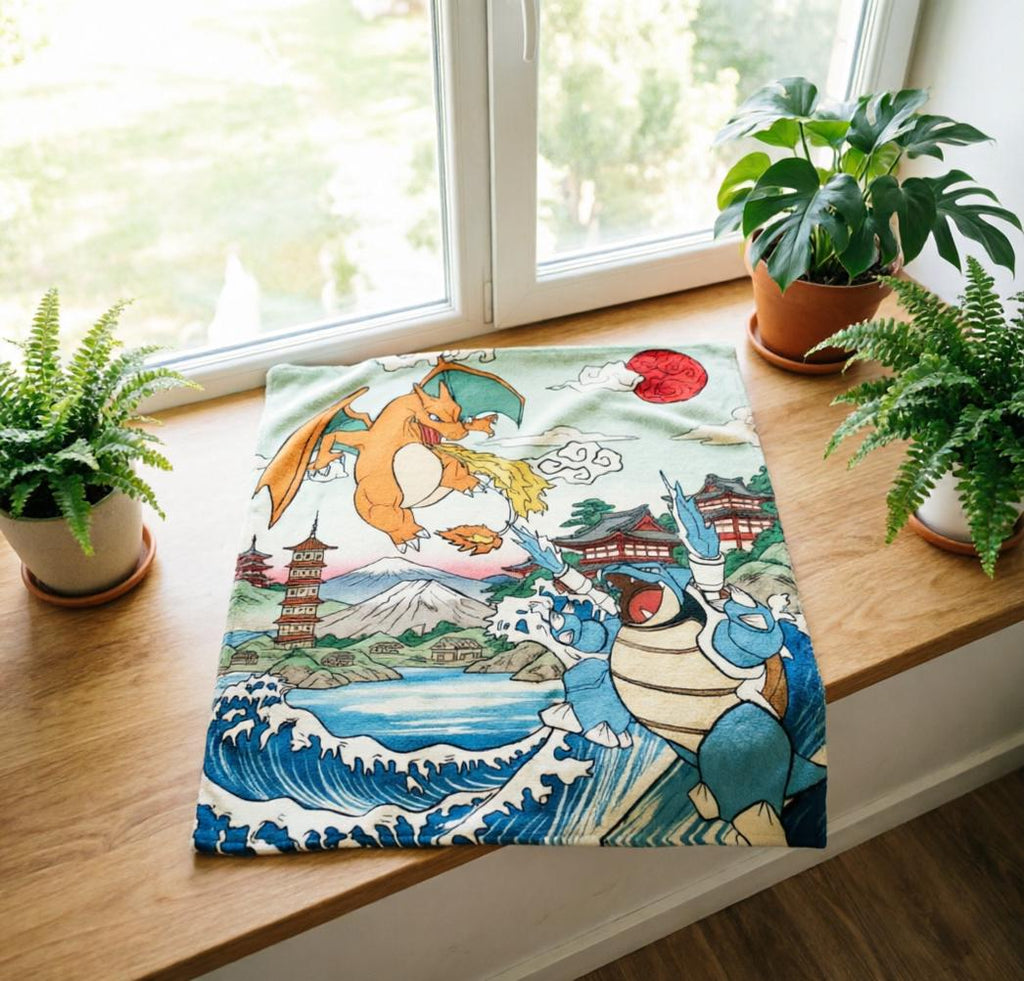 Ukiyo-e Charizard Blastoise Blanket Soft Throw, Pokemon Vintage Japanese Art Throw, Gamer Birthday Gift