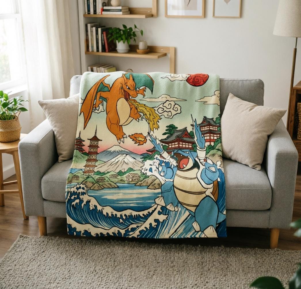 Ukiyo-e Charizard Blastoise Blanket Soft Throw, Pokemon Vintage Japanese Art Throw, Gamer Birthday Gift