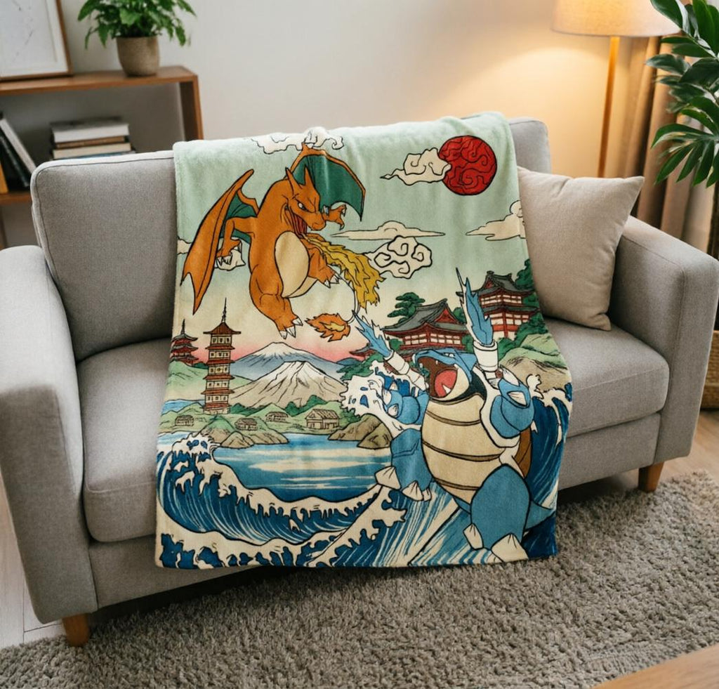 Ukiyo-e Charizard Blastoise Blanket Soft Throw, Pokemon Vintage Japanese Art Throw, Gamer Birthday Gift