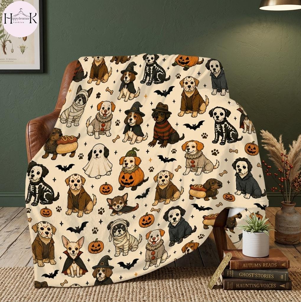 Just A Spooky Paw Blanket, Halloween Dog Throw, Cute Puppy Halloween Gift, Dog Mom Blanket, Retro Fall Decor, Soft Cozy Blanket