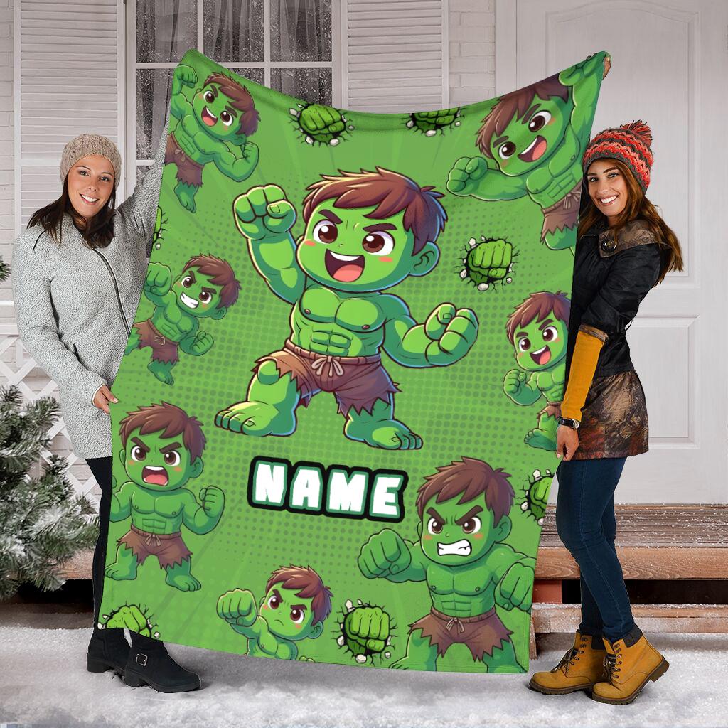 Custom Name Hulk Blanket for Boys, Personalized Green Fleece Throw with Name, Cute Avenger Nursery Decor, Toddler Birthday Gift For Boy