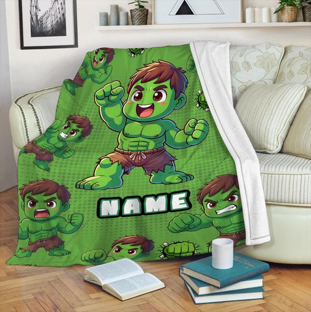 Custom Name Hulk Blanket for Boys, Personalized Green Fleece Throw with Name, Cute Avenger Nursery Decor, Toddler Birthday Gift For Boy