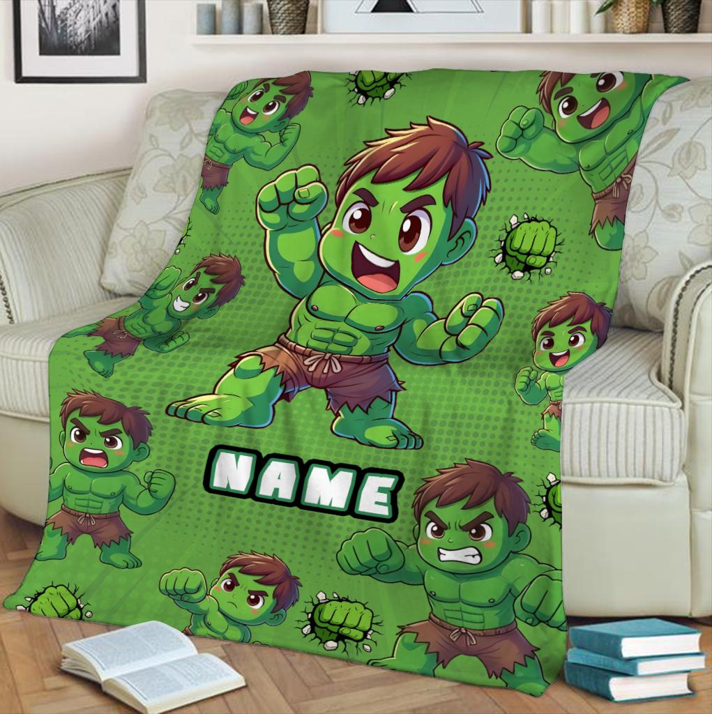 Custom Name Hulk Blanket for Boys, Personalized Green Fleece Throw with Name, Cute Avenger Nursery Decor, Toddler Birthday Gift For Boy