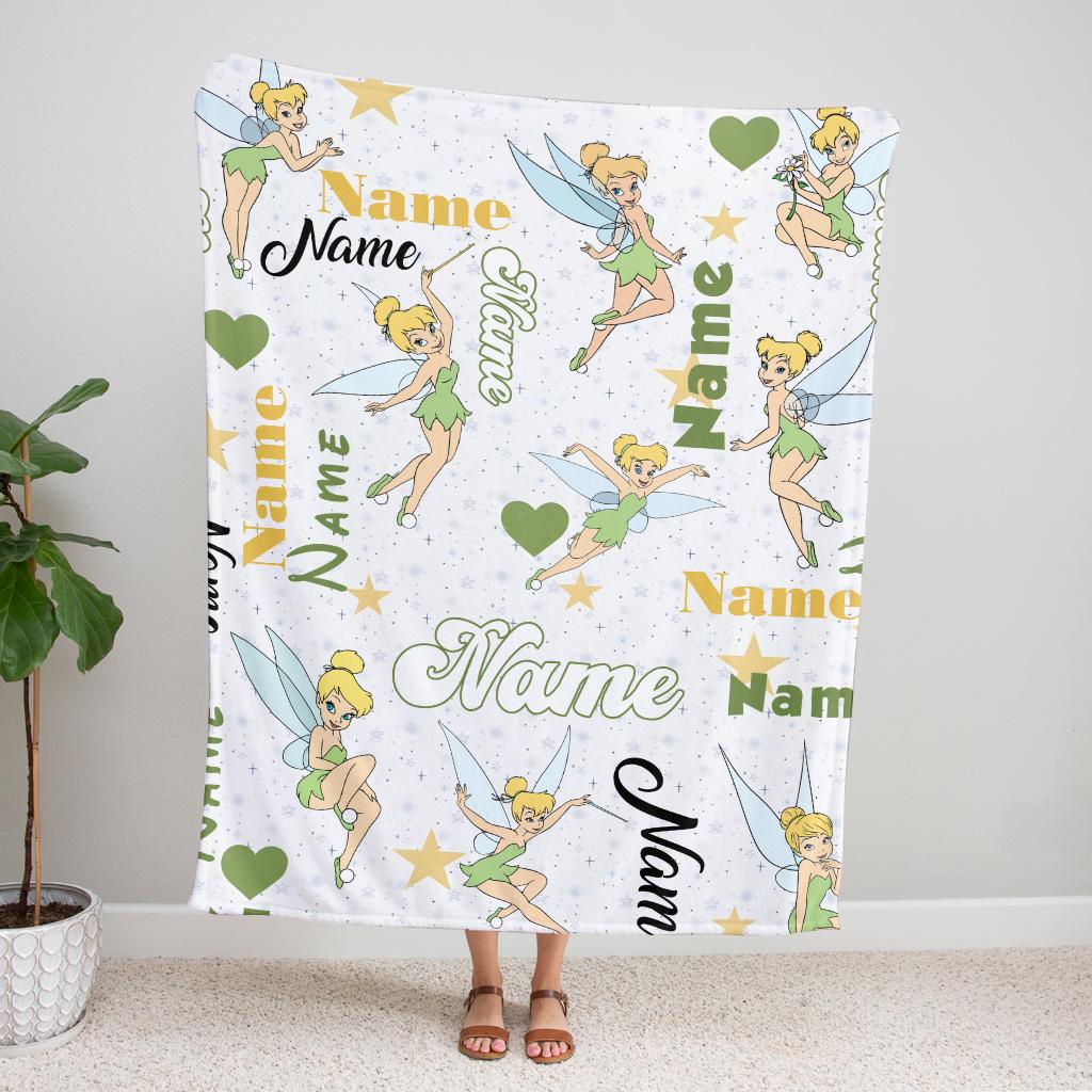 Custom Fairy Tinkerbell Blanket for Girls, Personalized Magic Fleece Throw with Name, Cute Pixie Nursery Decor, Birthday Gift for Kids