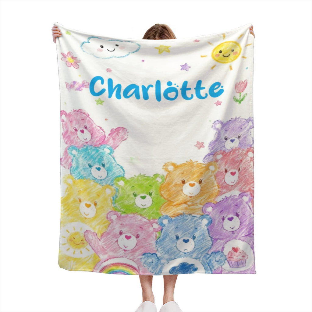 Personalized Name Blanket for Kids - Custom Cute Colorful Bear Blanket, Rainbow Cloud Nursery Fleece Throw, New Baby Shower Gift for Girls