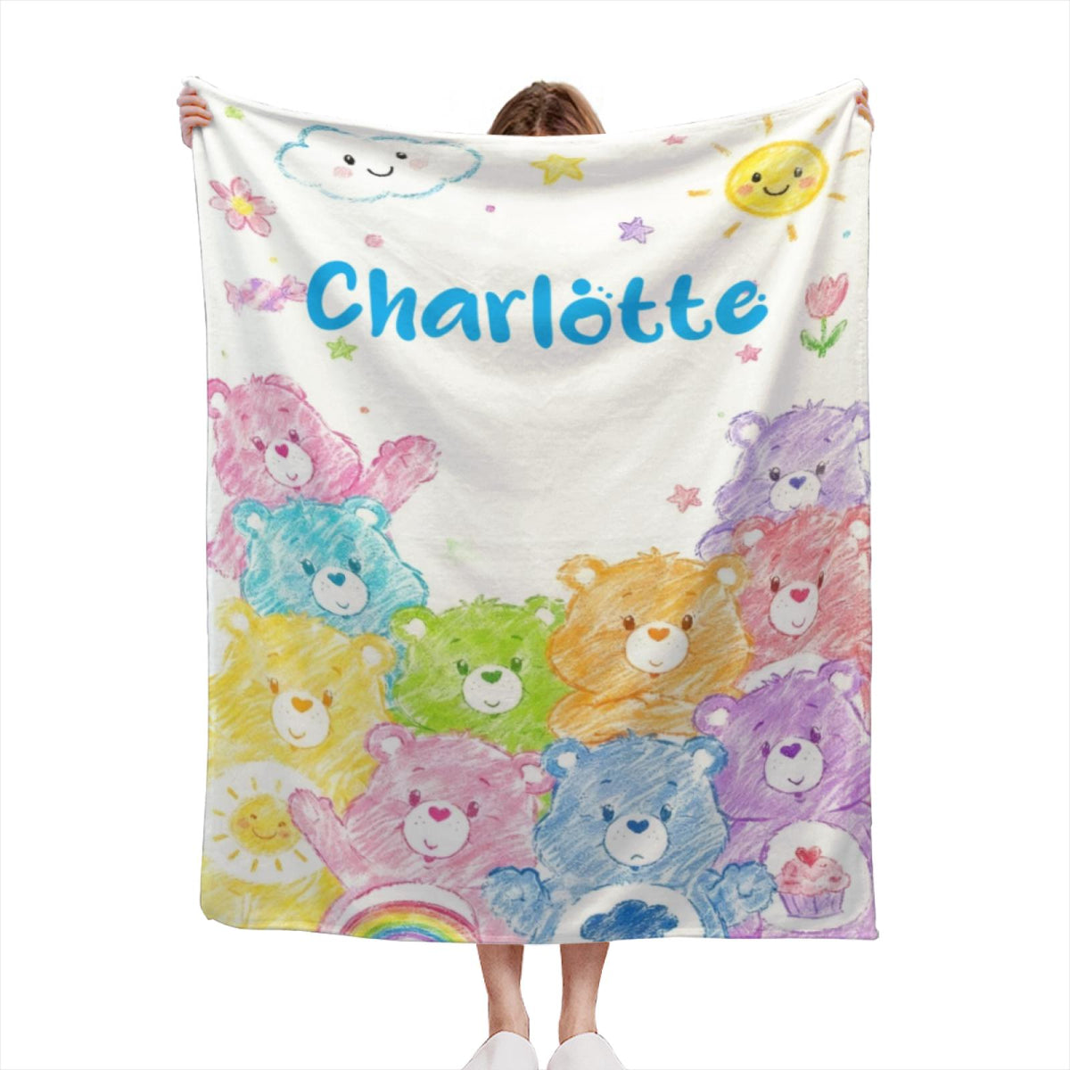 Personalized Name Blanket for Kids - Custom Cute Colorful Bear Blanket, Rainbow Cloud Nursery Fleece Throw, New Baby Shower Gift for Girls