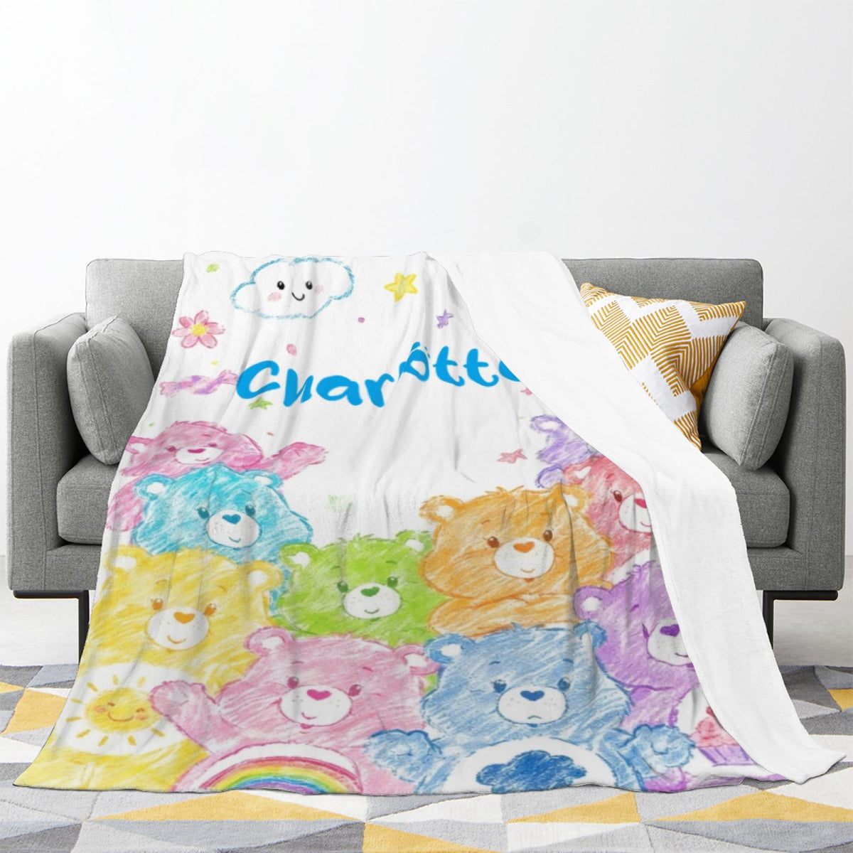 Personalized Name Blanket for Kids - Custom Cute Colorful Bear Blanket, Rainbow Cloud Nursery Fleece Throw, New Baby Shower Gift for Girls