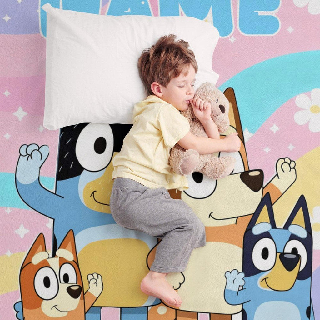 Custom Name Blue Dog Family Flannel Blanket, Personalized Cartoon Puppy Kids Throw, Custom Baby Name Blanket Gift