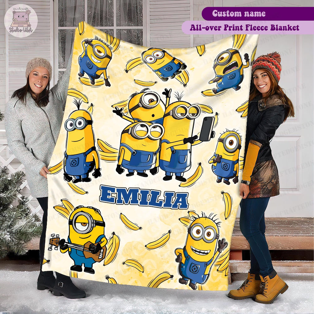 Personalized Cartoon Character Blanket, Custom Name Fleece Blanket, Kids Birthday Gift, Cute Yellow Character Throw, Cozy Blanket