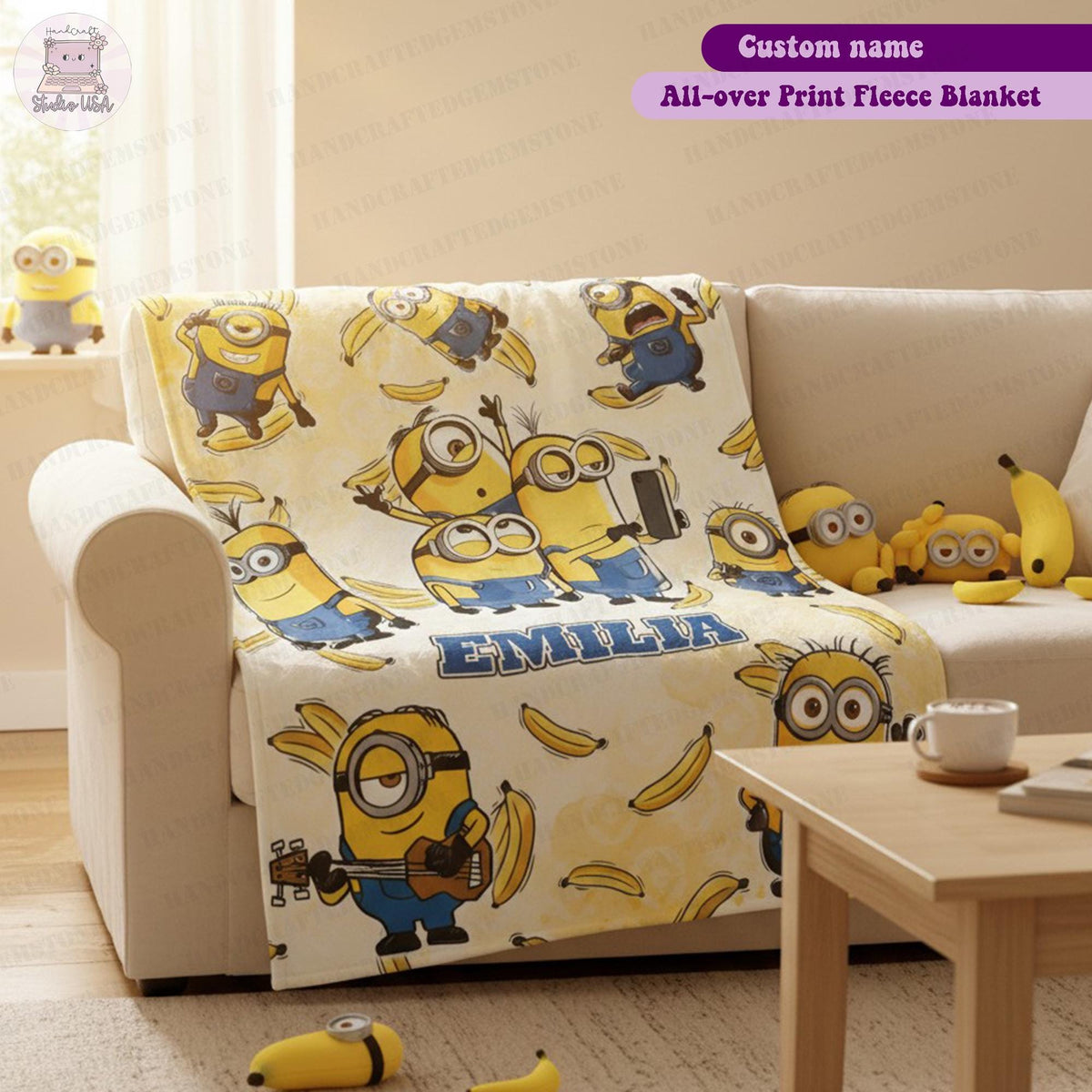 Personalized Cartoon Character Blanket, Custom Name Fleece Blanket, Kids Birthday Gift, Cute Yellow Character Throw, Cozy Blanket