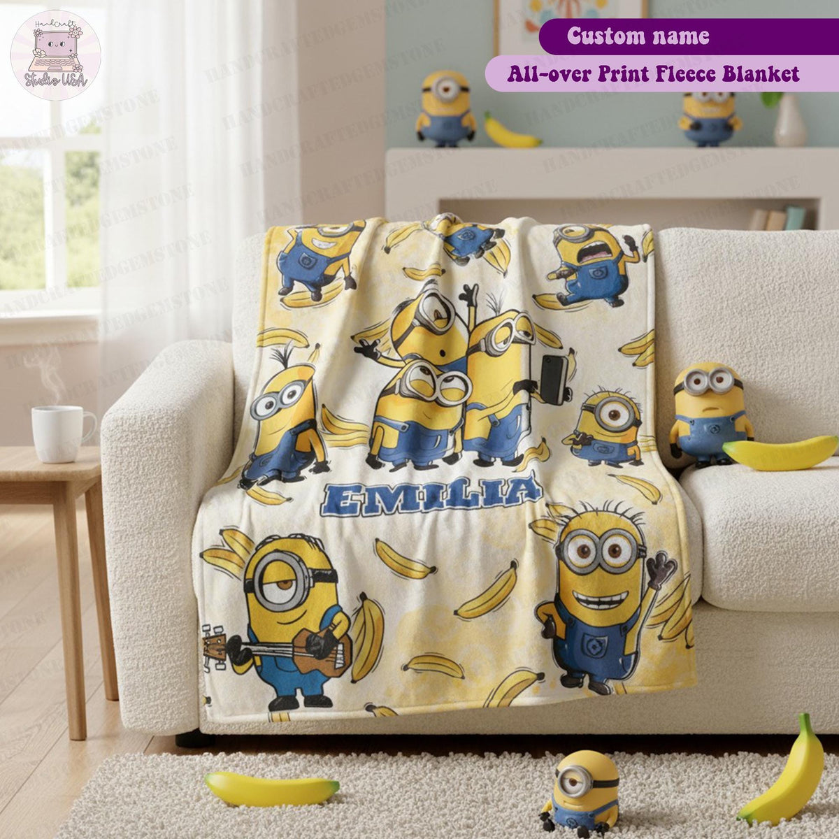 Personalized Cartoon Character Blanket, Custom Name Fleece Blanket, Kids Birthday Gift, Cute Yellow Character Throw, Cozy Blanket