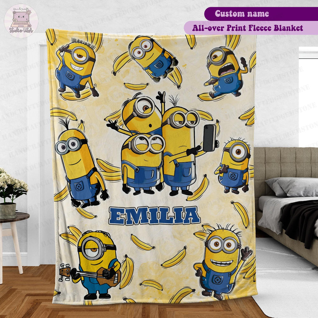 Personalized Cartoon Character Blanket, Custom Name Fleece Blanket, Kids Birthday Gift, Cute Yellow Character Throw, Cozy Blanket