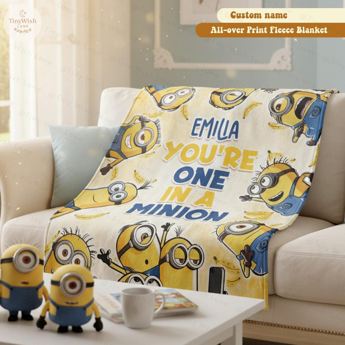 Personalized Cartoon Character Blanket, Custom Name Fleece Blanket, Kids Cute Birthday Gift, Yellow Monster Inflated Throw Blanket