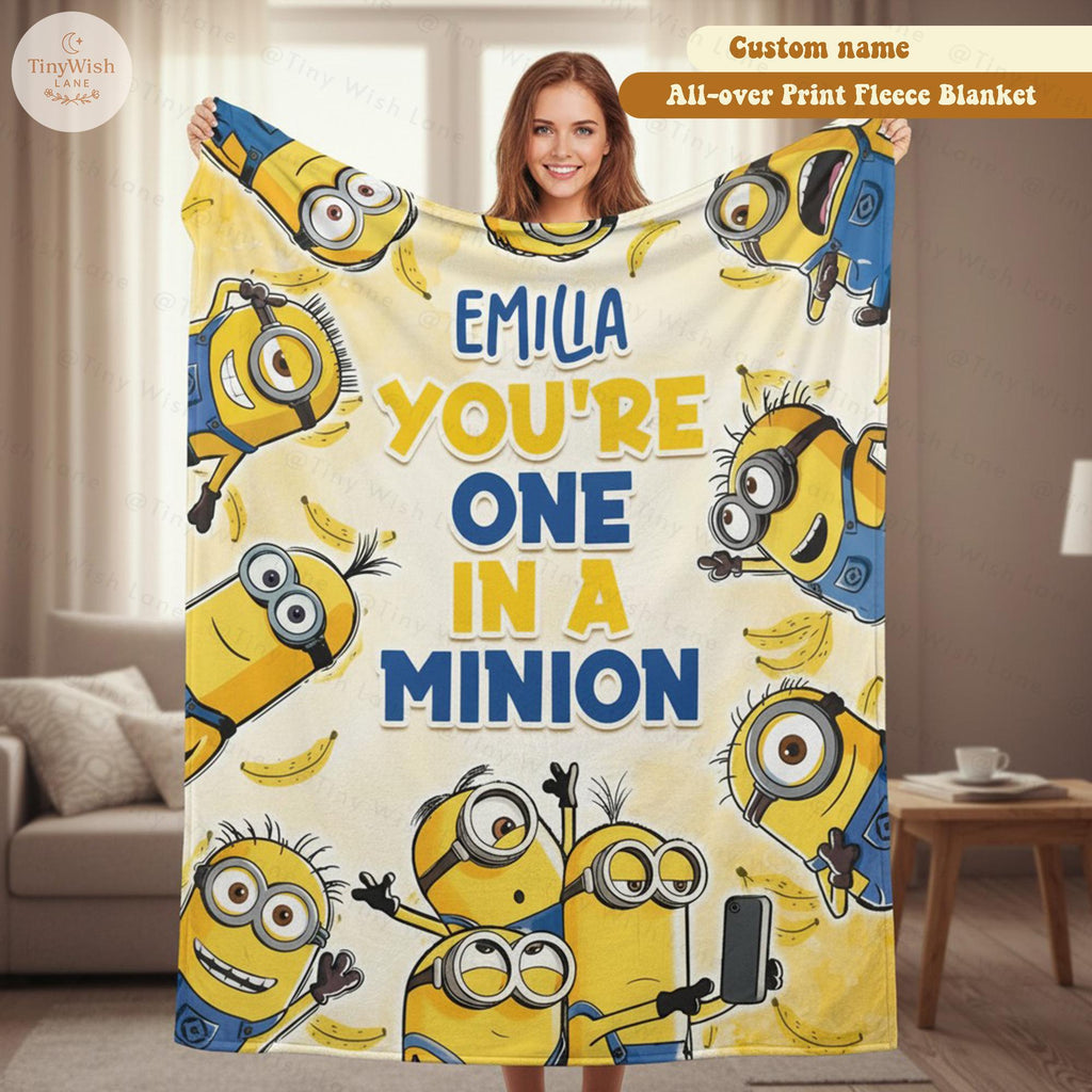 Personalized Cartoon Character Blanket, Custom Name Fleece Blanket, Kids Cute Birthday Gift, Yellow Monster Inflated Throw Blanket