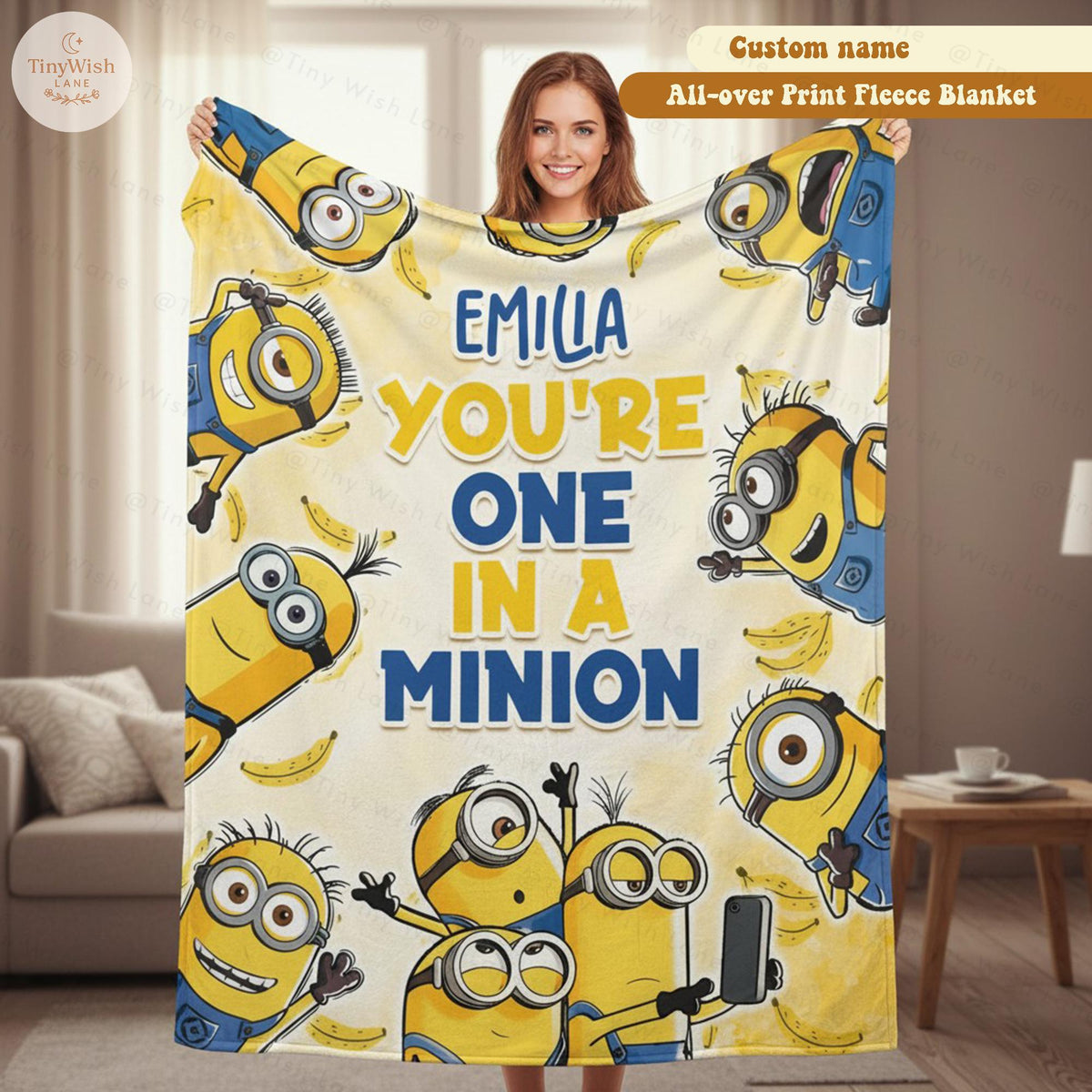 Personalized Cartoon Character Blanket, Custom Name Fleece Blanket, Kids Cute Birthday Gift, Yellow Monster Inflated Throw Blanket
