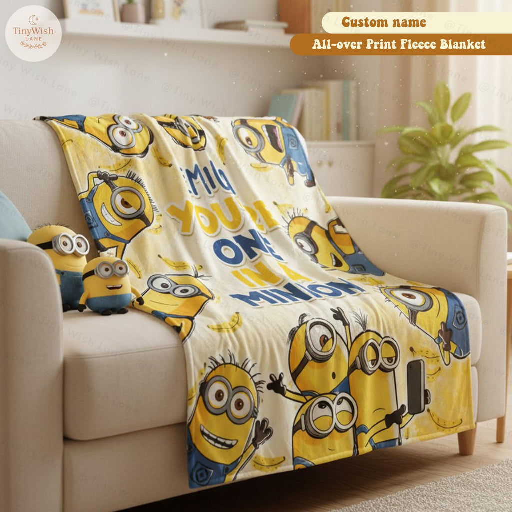 Personalized Cartoon Character Blanket, Custom Name Fleece Blanket, Kids Cute Birthday Gift, Yellow Monster Inflated Throw Blanket