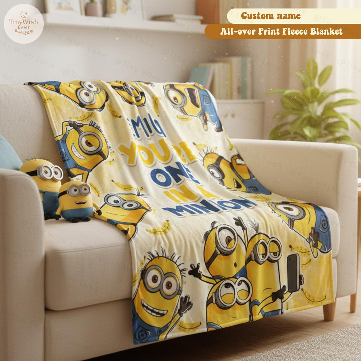 Personalized Cartoon Character Blanket, Custom Name Fleece Blanket, Kids Cute Birthday Gift, Yellow Monster Inflated Throw Blanket